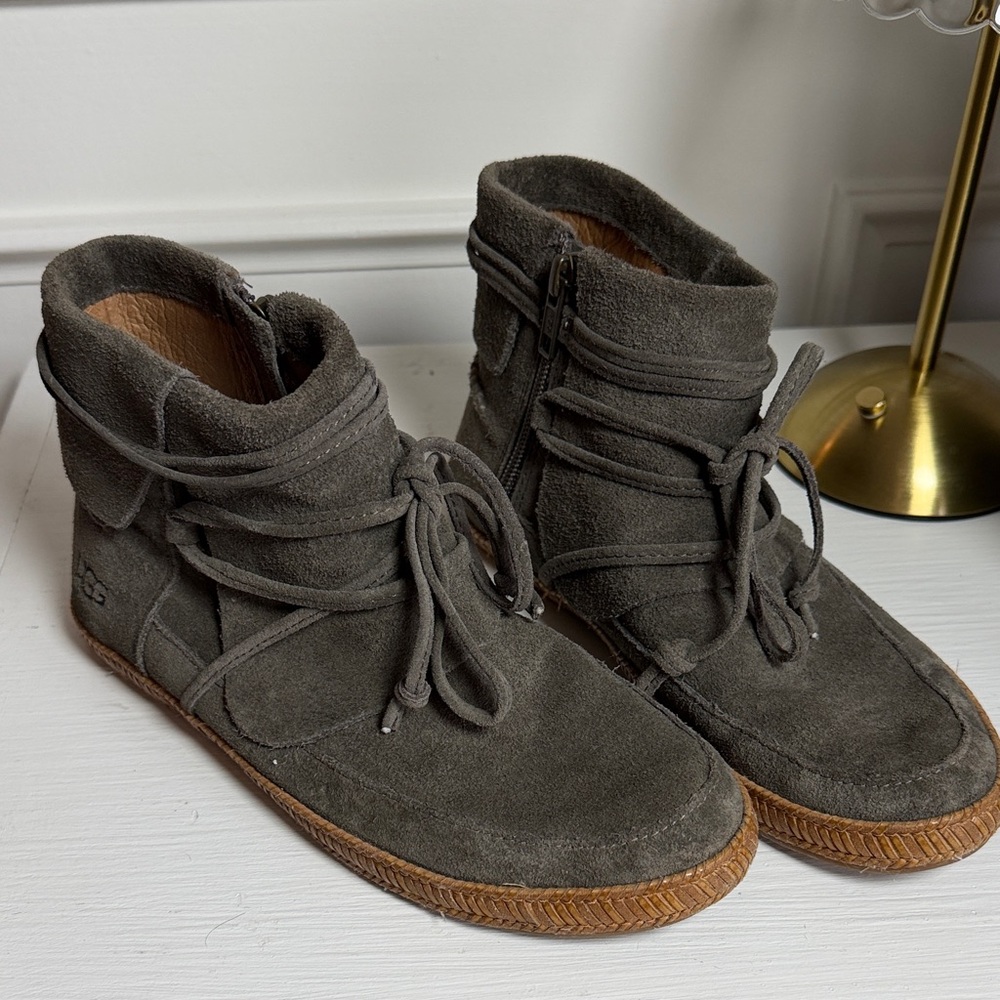 UGG Australia Reid Suede Leather Lace-Up Ankle Flat Boots in Slate Gray- size 6